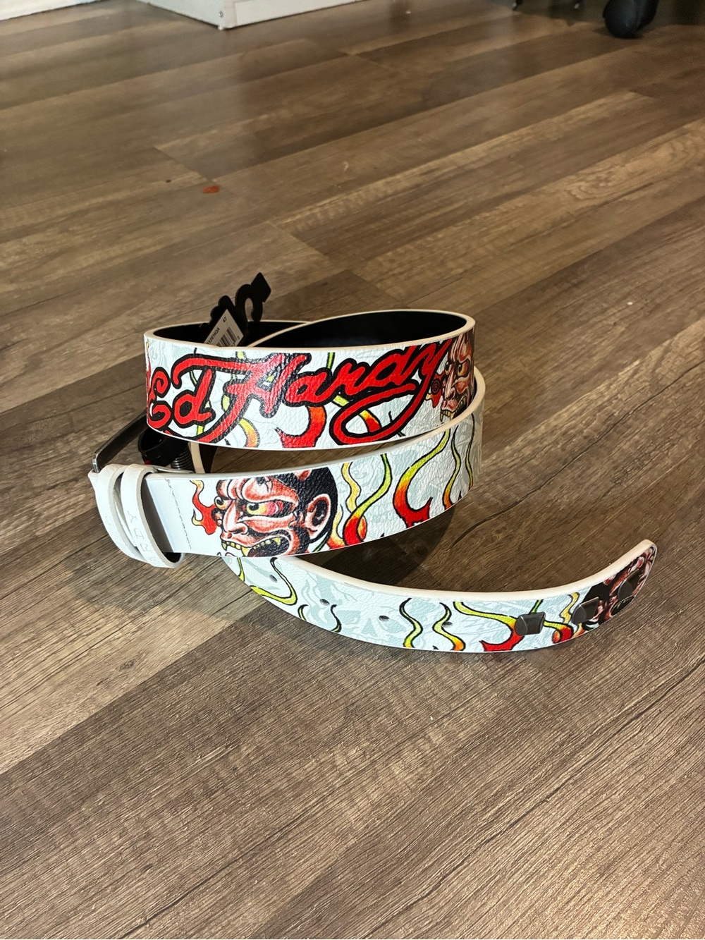 Ed Hardy White Belt with Red Script and Multicolor Tattoo Graphics